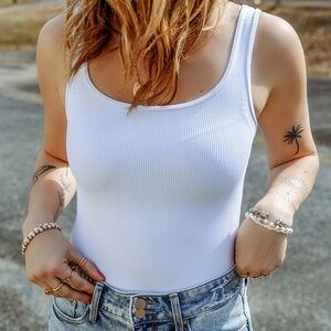 B121 White Ribbed Knit Square Neck Sleeveless Bodysuit